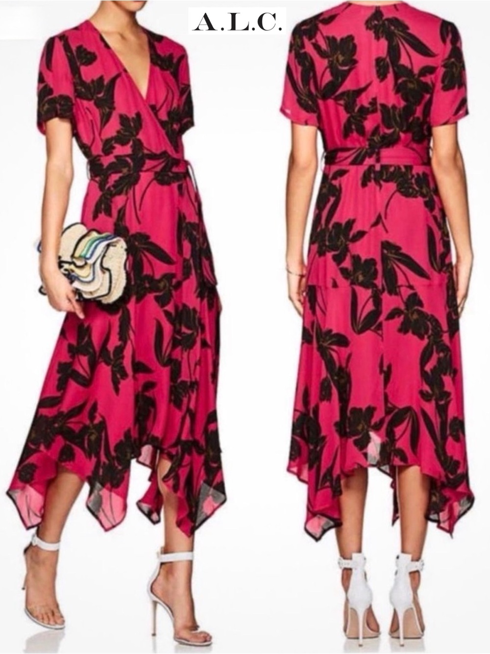 A.L.C. Cora Pink Floral Silk Wrap Midi Dress 0 Short Sleeve V Neck A Line ALC